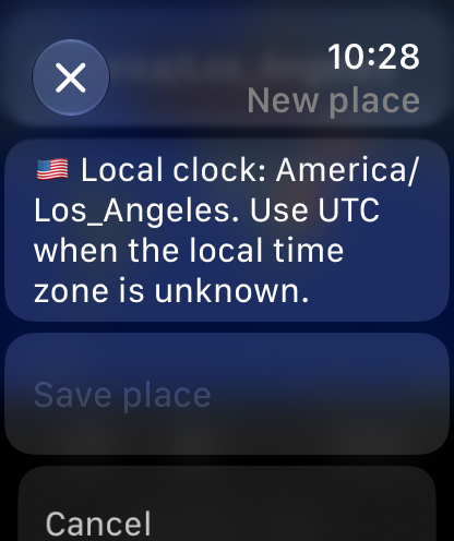 New place: local time zone and Save place (empty name, saving disabled)